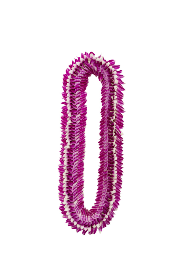 A flat deluxe orchid lei showcasing an intricate two-toned design with purple blossoms created using unique fold and flare techniques for added dimension and pattern.