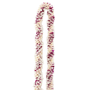 A premium spiral lei made of white and purple orchid blossoms with a round, unisex design, laid out on a white background.