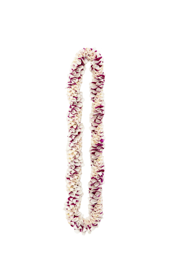 A premium spiral lei made of white and purple orchid blossoms with a round, unisex design, laid out on a white background.