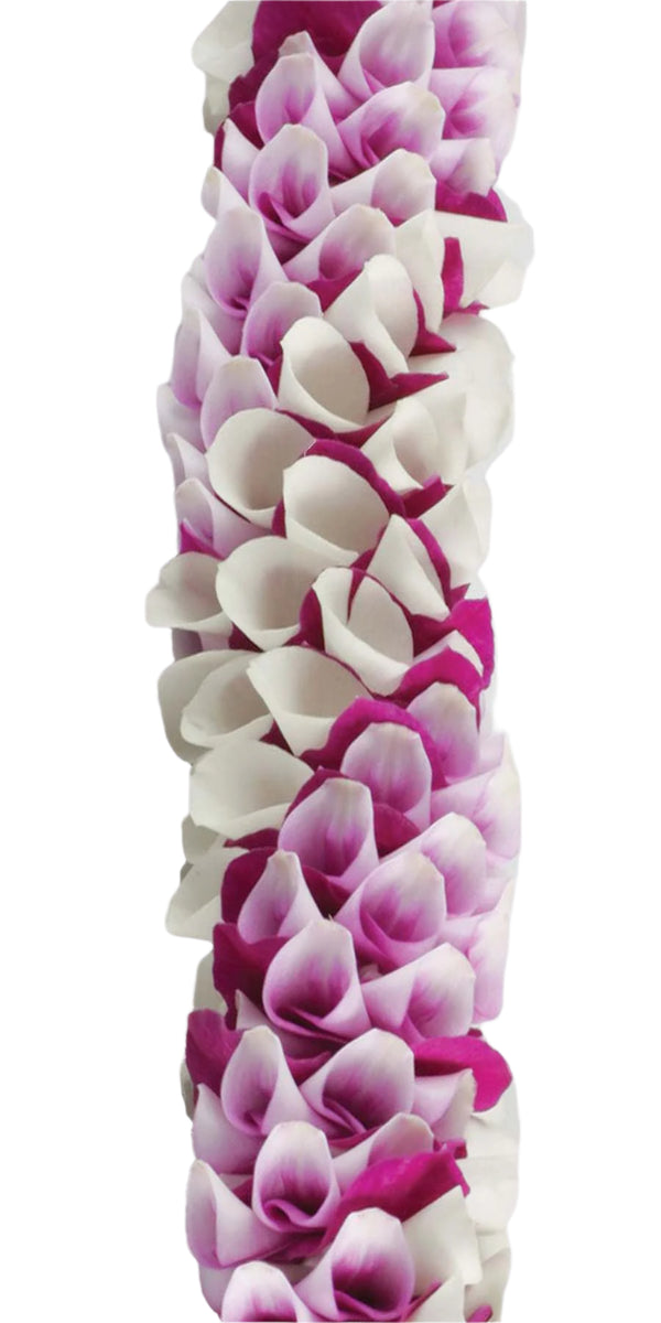 Close-up of a premium spiral lei featuring tightly woven white and purple pink orchid blossoms, showing its round, unisex design and intricate petal placement.