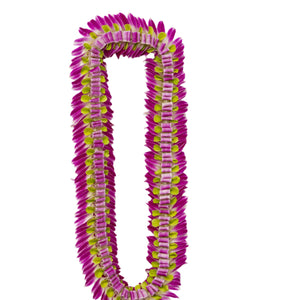 A deluxe flat lei made of folded and flared orchid petals in alternating purple and green colors, arranged in a compact, elegant pattern against a white background.