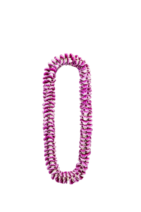 Premium purple orchid lei with each petal carefully shaped and arranged to create a full, dimensional look.