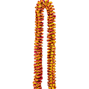 Premium orchid lei with tinted petals transitioning from red to orange to yellow, inspired by the colors of a puakenikeni lei.