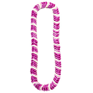 Lei featuring alternating folded pattern of three purple orchids followed by one white orchid, isolated on a white background.