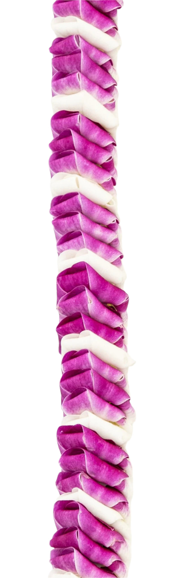 Close-up of a lei with a repeating folded pattern of three purple orchids and one white orchid, showing the textured detail and color contrast against a white background.
