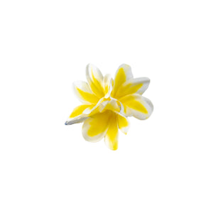 Single silk plumeria flower hair clip with yellow petals and a white center.