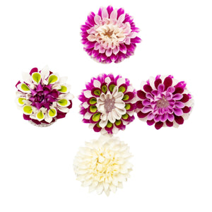 A collection of colorful floral orchid wristlets and hair clips against a white background.