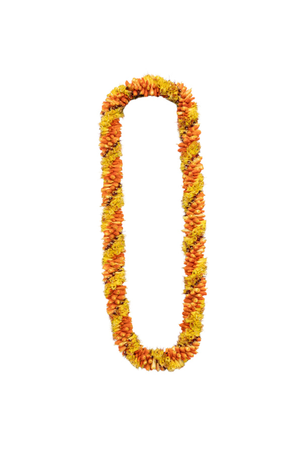 Lei made of 2,000 cigar flowers in varying shades, creating a rich and textured appearance.