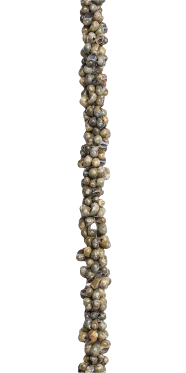 Close-up of a lei crafted from green mongo shells.