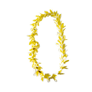 Yellow lei made of silk plumeria flowers, displayed against a white background.