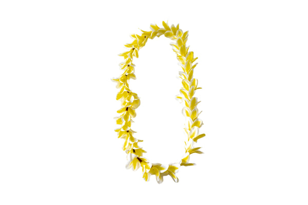 Yellow lei made of silk plumeria flowers, displayed against a white background.