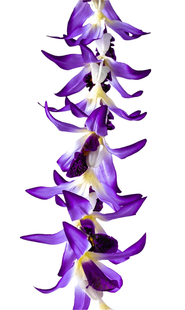 Close-up of a lei featuring silk purple orchids combined with white plastic crown flowers, showing layered textures and soft colors.