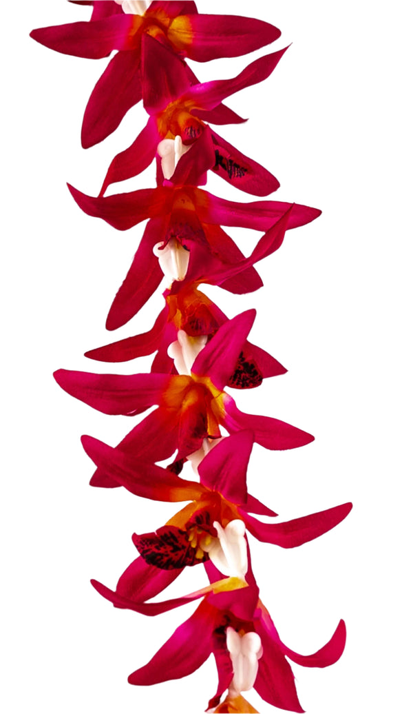 Close-up of a lei featuring silk red pink orchids combined with white plastic crown flowers, showing layered textures and soft colors.