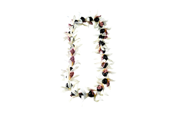 Lei made of silk white orchids with pink centers and black kukui nuts, displayed against a white background.