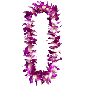 A kid size single purple orchid lei on a white background. 