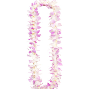 Lei made of soft pink blossoms, strung in a simple single-style design.
