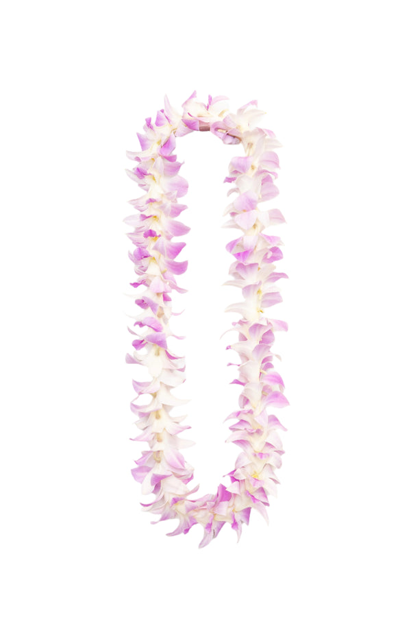 Lei made of soft pink blossoms, strung in a simple single-style design.