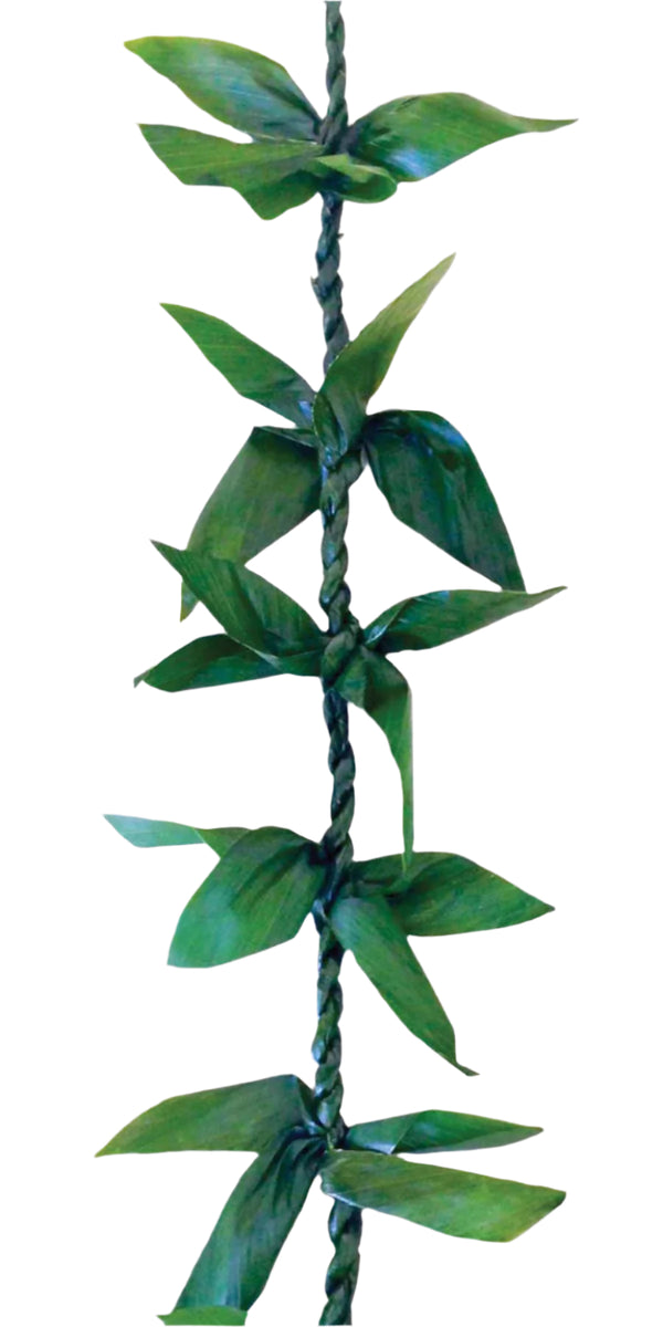 Close-up of a rope-style twisted ti leaf lei, featuring additional leaves sticking out at regular points for added texture and dimension.