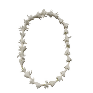 Single strand tuberose lei on white background, ideal for weddings. 