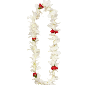 Classic single-strand lei made of white orchids and small red roses.