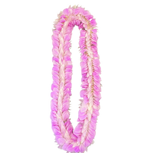 Sweetheart Sakura floral lei made with light pink orchid petals, sewn into a thick, full design, displayed on a white background.