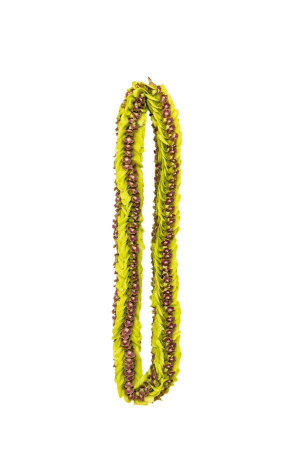 Lei made of all jade orchids featuring dark purple centers, displayed against a white background