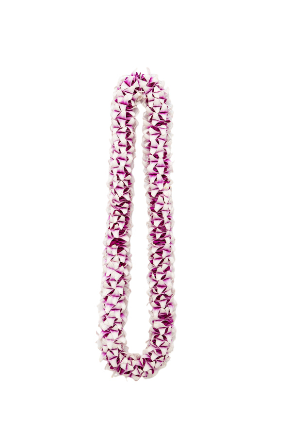 Premium round orchid lei made exclusively from the firm parts of purple orchid blossoms, creating a hardy, textured appearance.