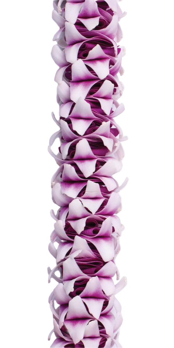 Close-up of a premium round orchid lei showcasing the firm, textured sections of purple orchid blossoms, highlighting its durable and dimensional look.