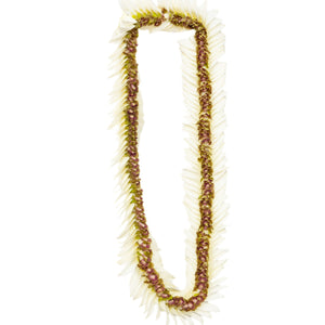 Flat deluxe lei featuring jade orchid petals in the center and white orchid petals on the outer edges in a patterned design.