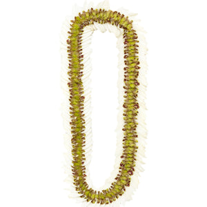 Lei made of green jade orchid petals in the center with white orchid petals flaring at the edges, laid out on a white background.