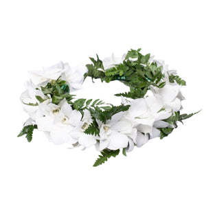 White orchid and green fern head lei displayed on a white background.