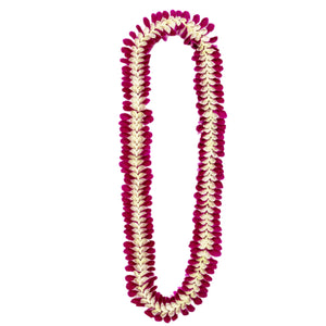 A deluxe orchid lei crafted from purple orchid blossoms, featuring elegant loops along the edges and heart-like shapes in the center of each segment, laid out on a white background.