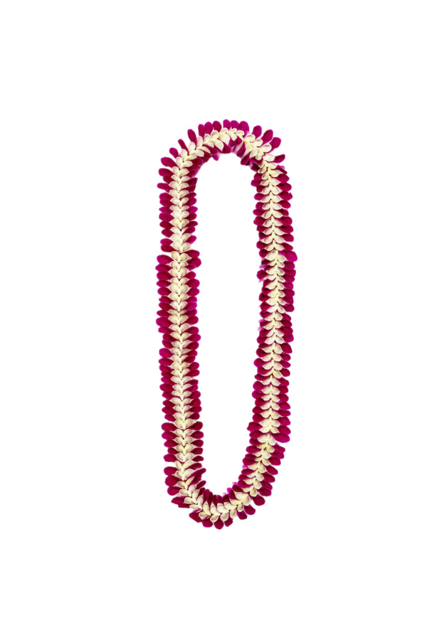 A deluxe orchid lei crafted from purple orchid blossoms, featuring elegant loops along the edges and heart-like shapes in the center of each segment, laid out on a white background.
