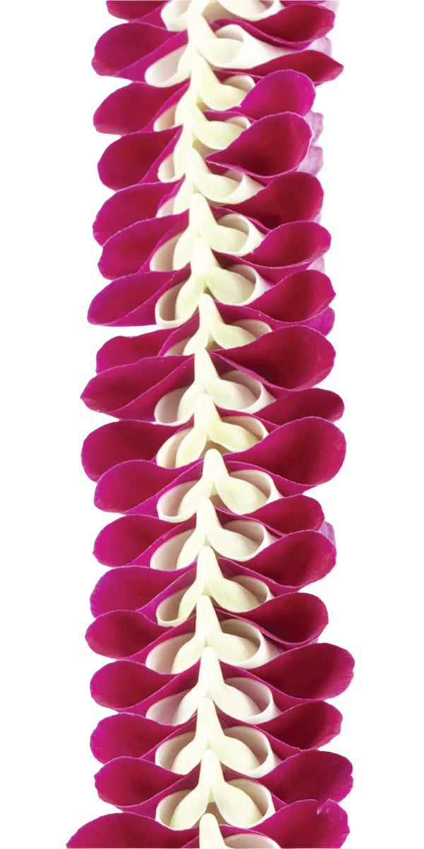 Close-up of a deluxe orchid lei highlighting the intricate looping edges and almost heart-shaped centers formed from purple orchid petals.