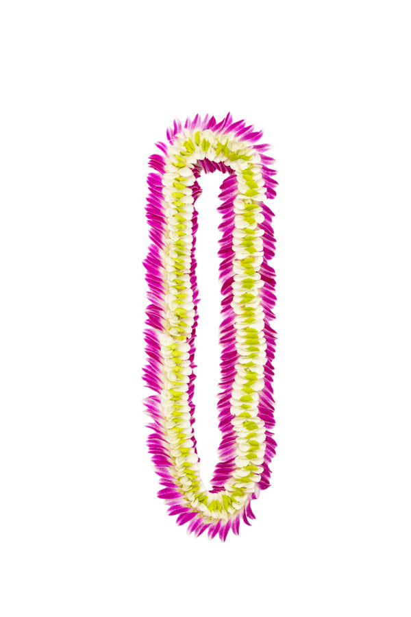 A flat deluxe lei featuring purple orchid petals flared at the edges with green and white accents in the center, displayed on a white background.