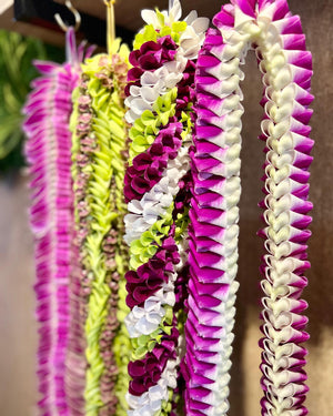 Four orchid leis in deluxe and premium styles, featuring varying colors, hanging for display against a neutral background.